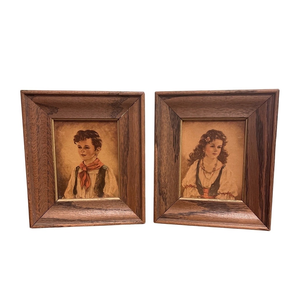 Vtg Lithograph Prints Elena & Chiko Ann Allaban Painted 1940-50s 6x7 MCM Wood